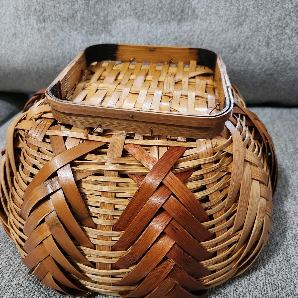 Vintage Woven Bamboo Basket | Doubled Walled Chevron Basket